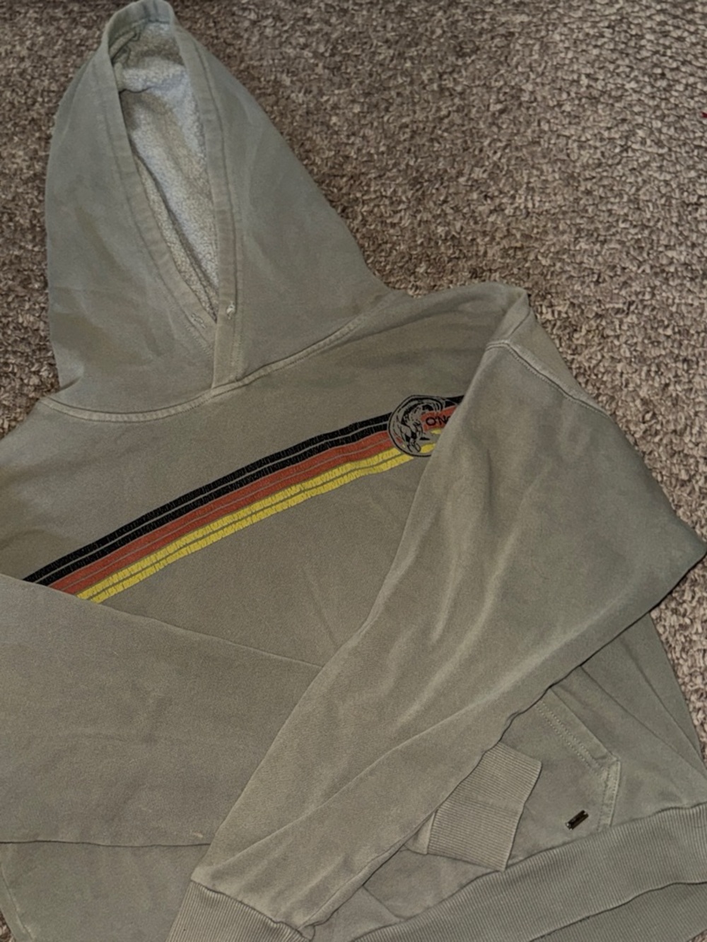 O'Neill Olive Pullover Hoodie with Retro Black, Red & Yellow Stripes